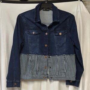 DG2 by Diane Gilman Dark Blue Jean Jacket with Striped Hem